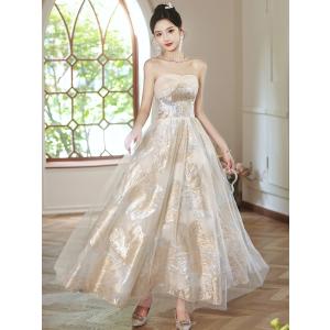 ナイトドレス パーティドレス シャンパン 袖なし チューブトップ ドレス 謝恩会 結婚式 大きいサイズ S M L XL LL 2XL XXL 3XL XXXL フェミニン