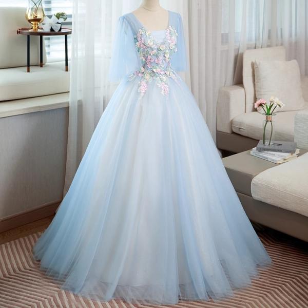 ナイトドレス パーティードレス 水色 ブルー ライトブルー 花 刺繍 袖あり ドレス 謝恩会 結婚式...