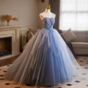 パーティードレス ナイトドレス ブルー 青 水色 ドレス チューブトップ 花 フラワー 透け感 結婚式 大きいサイズ 謝恩会 XS S M L XL LL 2XL XXL 3XL XXXL