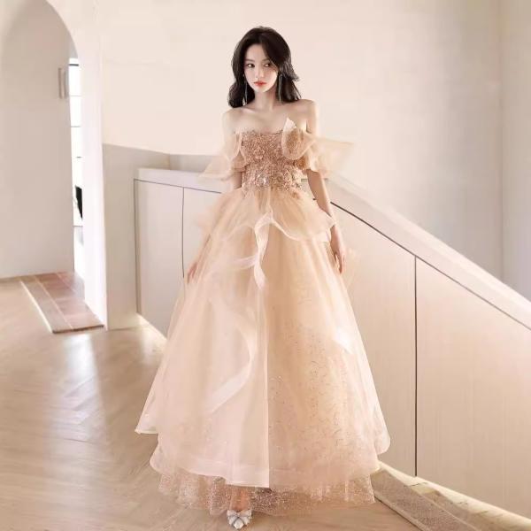 イブニングドレス パーティードレス ナイトドレス オフショルダー シャンパン ゴールド 大きいサイズ...