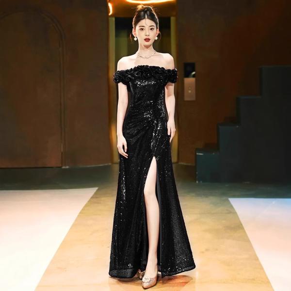 ドレス ウェディングドレス ブラック 黒 オフショルダー スリット 大きいサイズ 刺繍  レース 結...