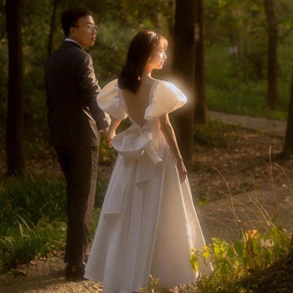 花嫁 結婚式 ウェディングドレス 白 ホワイト パフスリーブ ドレス ナイトドレス シンプル 大きい...