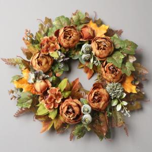 リース フラワー 花 インテリア オレンジ ブラウン 茶 壁掛け ウェディング 前撮り 花嫁 造花 結婚式 お洒落 二次会 披露宴 海外挙式 フェイクフラワー 豪華