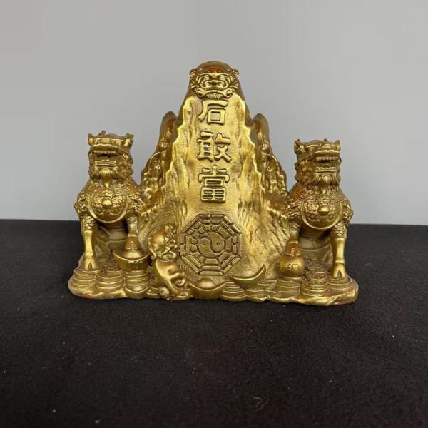 泰山石 双獅子 風水 置物 オブジェ 真鍮 銅製 金色 開運 財運 金運 縁起物 八卦 太極 陰陽 ...
