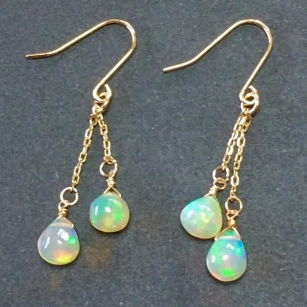 【Rvaru】K18ピアス プレシャス オパール ドロップ ダブルチェーンタイプ K18YG 18金...