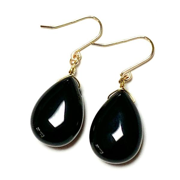 【Rvaru】K18ピアス オニキス（Ｍ）14x10mm ドロップ フックピアス 大粒 K18YG ...