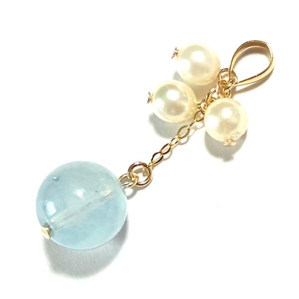 【Rvaru】 K18 アクアマリン パール ペンダント トップ アコヤ本真珠 ぱーる ネックレス ...