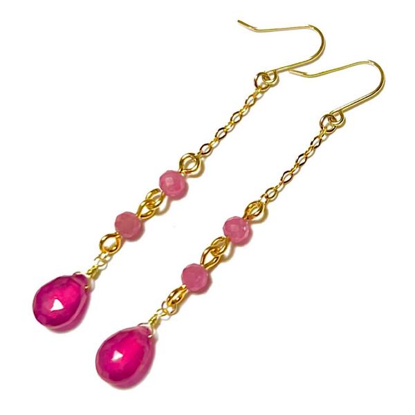 【Rvaru】K18ピアス ルビー ドロップL ピンクトルマリン ロング チェーンフックピアス K1...