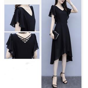 ワンピース パーティードレス レディース 膝下 膝丈 ブラック 体型カバー シフォンスカート フォーマル 通勤 結婚式ドレス 30代40代50代