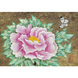 日本画 原画 牡丹と蝶 （SM）22．7×15．8 仮額付 】 萩原緑風