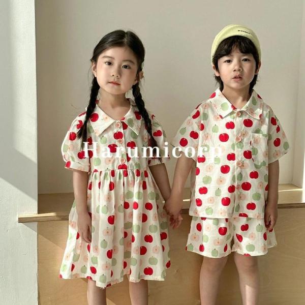 セットアップ キッズ 兄妹 上下セット 果柄 男の子 女の子 ワンピース ベビー服 シャツ 半袖 綿...