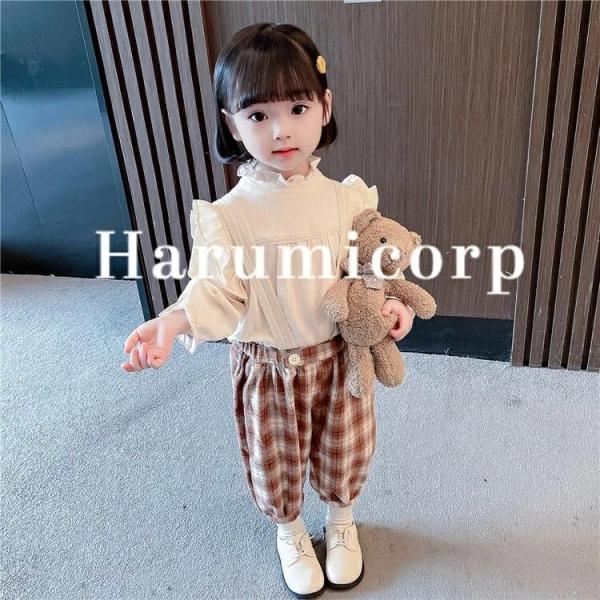 韓国子供服 厚手い２点セット 春秋冬 綿 長袖 タートルネックシャツ+チェック柄パンツ ゆったり 女...