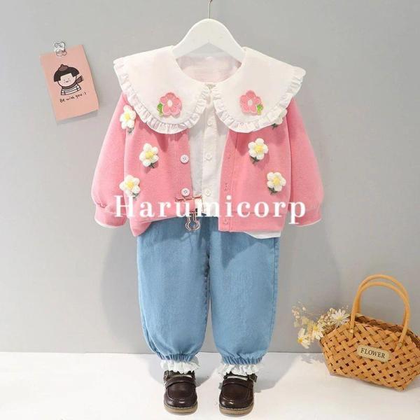 韓国子供服3点セットジーンズ 春秋 メリヤスベストカジュアル ナチュラル tシャツワイドパンツ ズボ...
