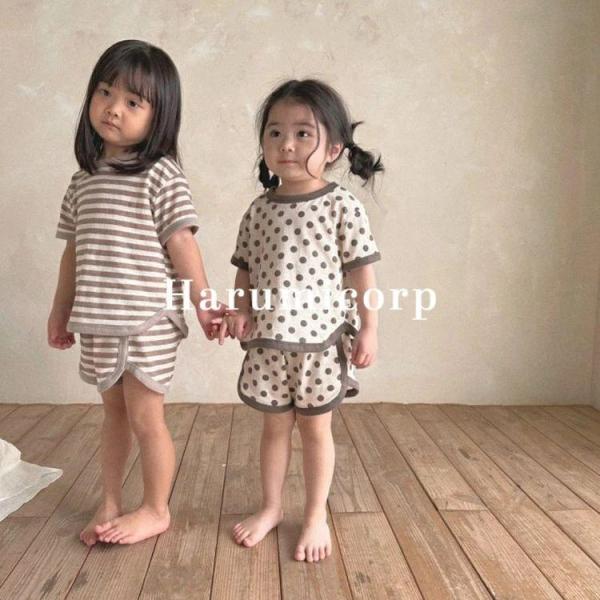 セットアップ キッズ 兄妹 双子子供服 ジャージボーダー ドット柄上下セット ジュニア ベビー服 女...