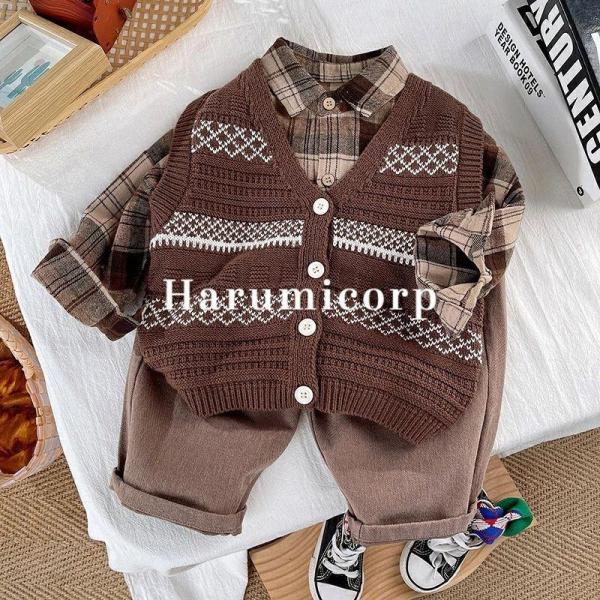 セットアップ キッズ ベビー服 3点セット男の子 女の子チェック柄 シャツ春秋冬 長袖 ズボン 子供...