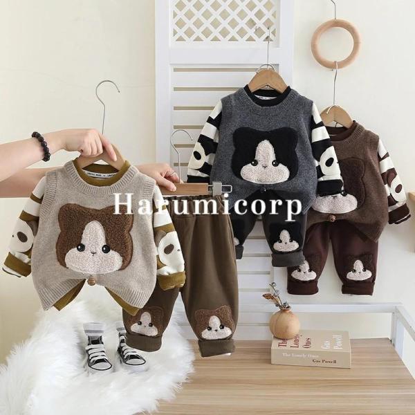 セットアップ キッズ ベビー服 3点セット猫 男の子 女の子tシャツ 春秋冬 長袖 ズボン 子供服メ...