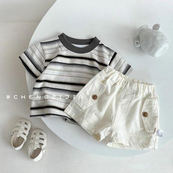 キッズ ベビー服 セットアップ 夏服 tシャツ 半袖 ストライプ シンプル 子供服 上下セット カジ...
