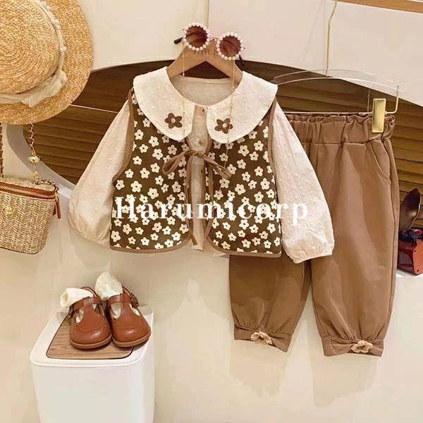 セットアップ キッズ 3点セット 子供服 女の子 シャツ 長袖 ベスト ロングパンツ おしゃれ 可愛...