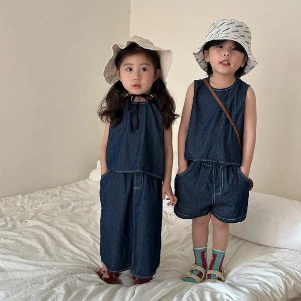 デニム セットアップ キッズ 兄妹 子供服 上下セット ジュニア ベビー服 女の子 男の子 トップス...