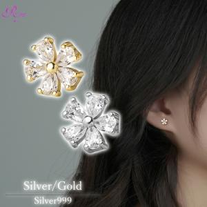 フラワーストーンピアス Silver999 シルバー ゴールド ピアス フラワー お花 アレルギー対応 20G シンプル かわいい 華奢 レディース 女性 金属アレルギー｜rysshop2