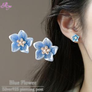 大きいブルーフラワーピアス シルバー925ポスト ピアス 青い花 キキョウ フラワー お花｜rysshop2