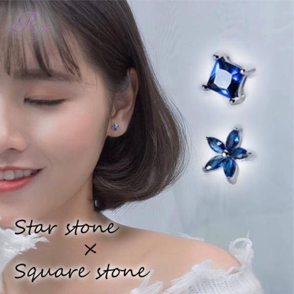 ピアス フラワー スクエア ブルー Silver925 シンプル シルバー 金属アレルギー対応 青