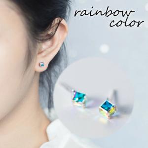 ピアス シンプル Silver925 レディース ピアス シルバー 四角 立方体 アレルギー レインボー ストーン｜rysshop