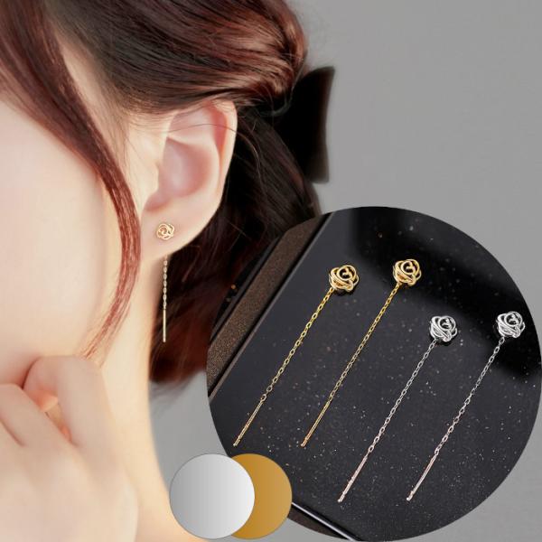 ピアス シルバー ゴールド チェーン 花 フラワー 薔薇 バラ シルバー999 20G 2ピース シ...