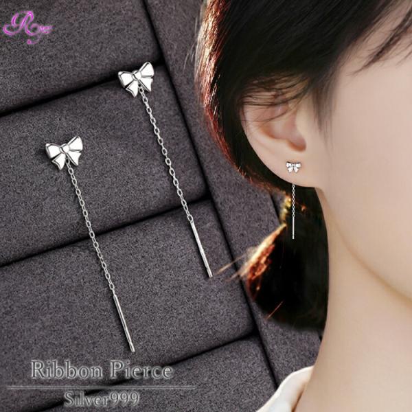 リボンモチーフのチェーンピアス シルバー999 チェーンピアス シンプル リボン ピアス 金属アレル...