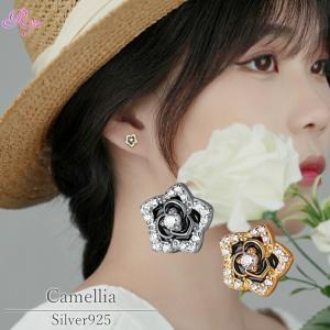 カメリアモチーフのフラワーピアス シルバー925 ピアス シンプル キュービックジルコニア カメリア 山茶花 ツバキ 金属アレルギー対応 花 フラワー｜rysshop