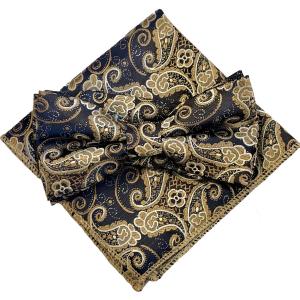 シャンパンゴールドペイズリー 蝶ネクタイ＆ポケットチーフ２点セット