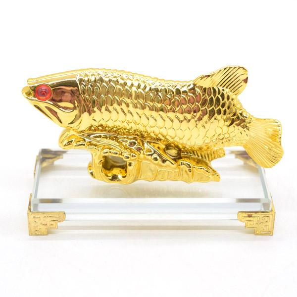 アロワナ 龍魚 樹脂製置物 ガラス台座 12cm