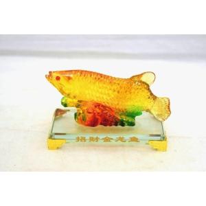 アロワナ 龍魚 樹脂製置物 カラフル ガラス台座 小
