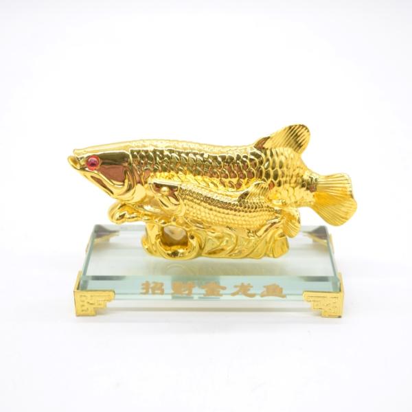 アロワナ 龍魚 双魚 ガラス台座付き 樹脂製置物 金色 11.5cm