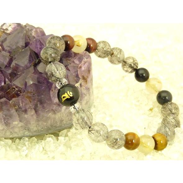 金運 仕事運 金彫り梵字 オニキス ブラックルチル ルチルクォーツ 3色タイガーアイ ブレス