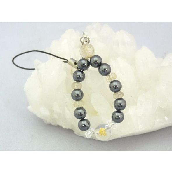 【メール便OK】 金彫り梵字水晶 ルチルクォーツ ヘマタイト 天然石ストラップ