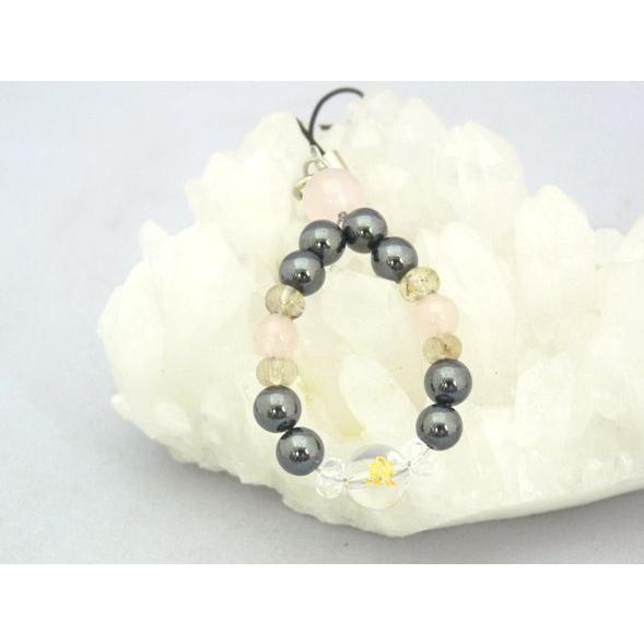 【メール便OK】金彫り梵字水晶 ローズクォーツ ヘマタイト 天然石ストラップ