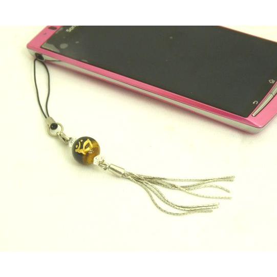 【メール便OK】 金彫り梵字 タイガーアイ 虎目石 12mm玉 天然石ストラップ