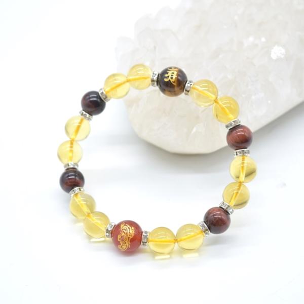 金彫り梵字 金彫り貔貅入り赤瑪瑙 シトリン タイガーアイ ロンデルパーツ 天然石ブレスレット 10m...