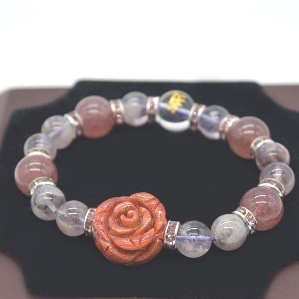 梵字選択式 金彫り梵字水晶 アップル珊瑚の薔薇付き ストロベリークオーツ アメジストファントム ロン...