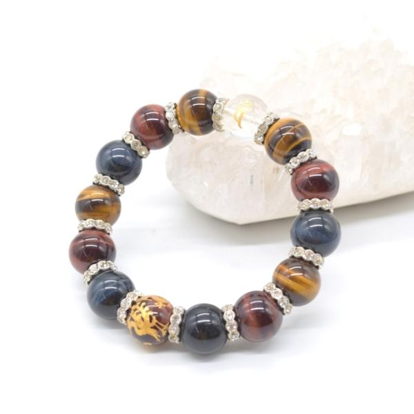 金彫り梵字水晶 金彫り四神入り赤虎目石 三色タイガーアイ ロンデルパーツ 天然石ブレスレット 16m...