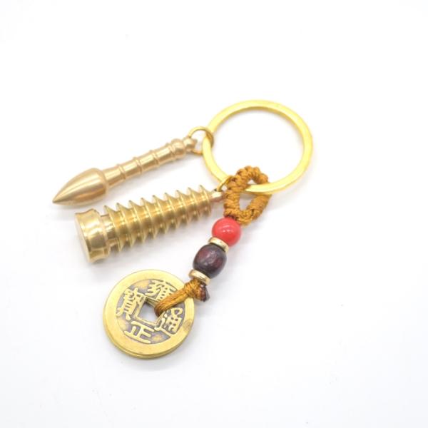 【メール便OK】 文昌塔 筆 五帝銭付き 金属製 キーホルダー ミニチュアサイズ