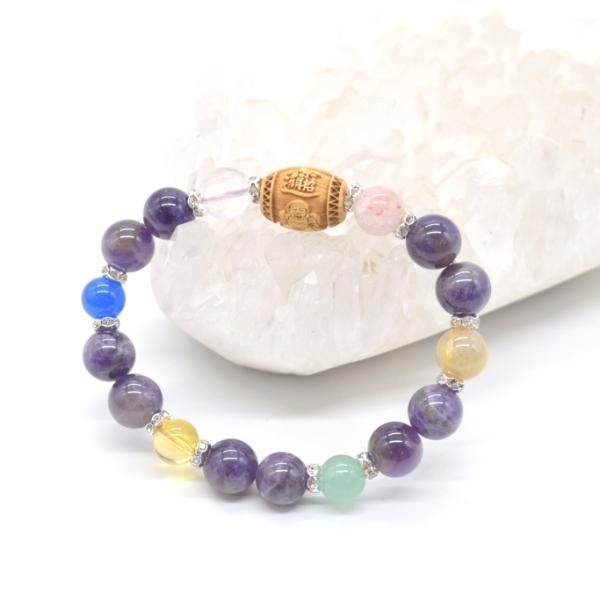 大黒天 木製彫り物パーツ 金運御守ブレスレット アメジスト 天然石アクセサリー