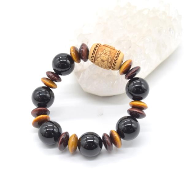 大黒天 木製彫り物パーツ 金運御守ブレスレット オニキス タイガーアイ 天然石アクセサリー