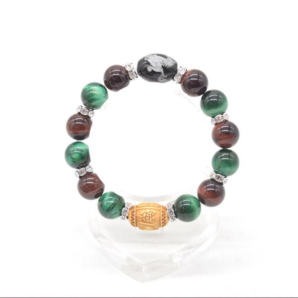 馬彫りオニキス 大黒天木製彫り物パーツ付き ブレスレット レッドタイガーアイ グリーンタイガーアイ ...