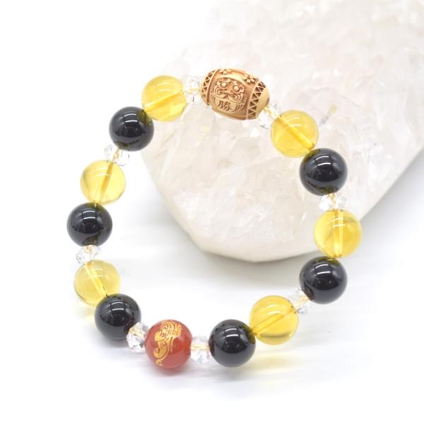 達磨 木製彫り物パーツ 貔貅彫り赤瑪瑙 必勝祈願ブレスレット オニキス シトリン 天然石アクセサリー