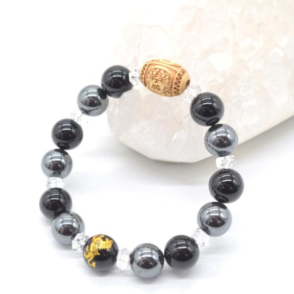 達磨 木製彫り物パーツ 貔貅彫りオニキス 招財進寶 必勝祈願ブレスレット ヘマタイト 天然石アクセサ...