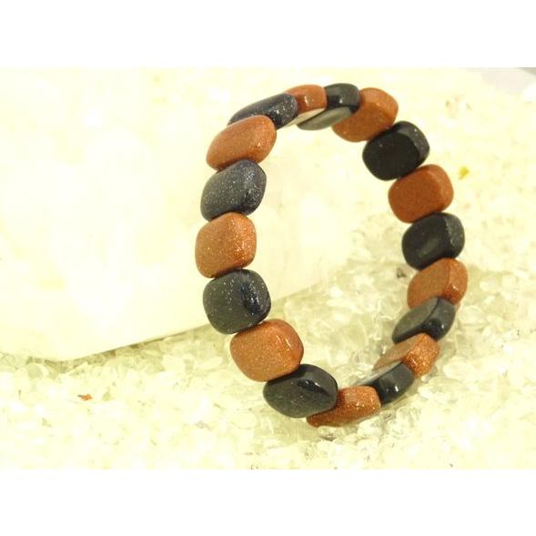 【前向き・勇気】ブルー＆ゴールドストーン（砂金石）　パワーストーンブレスレット【長方形型　14mm×...