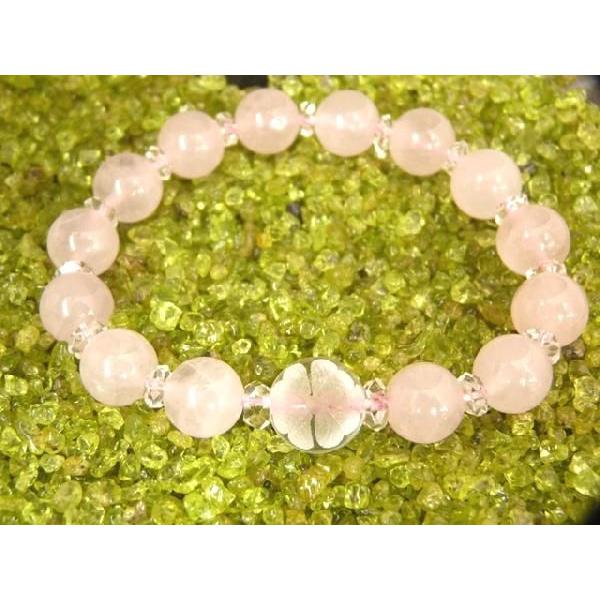 四葉のクローバー彫り水晶【幸せな恋愛】ローズクォーツパワーストーンブレスレット　１０mm　