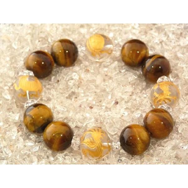 四神金彫り水晶ブレス パワーストーン タイガーアイ 虎目石 16mm